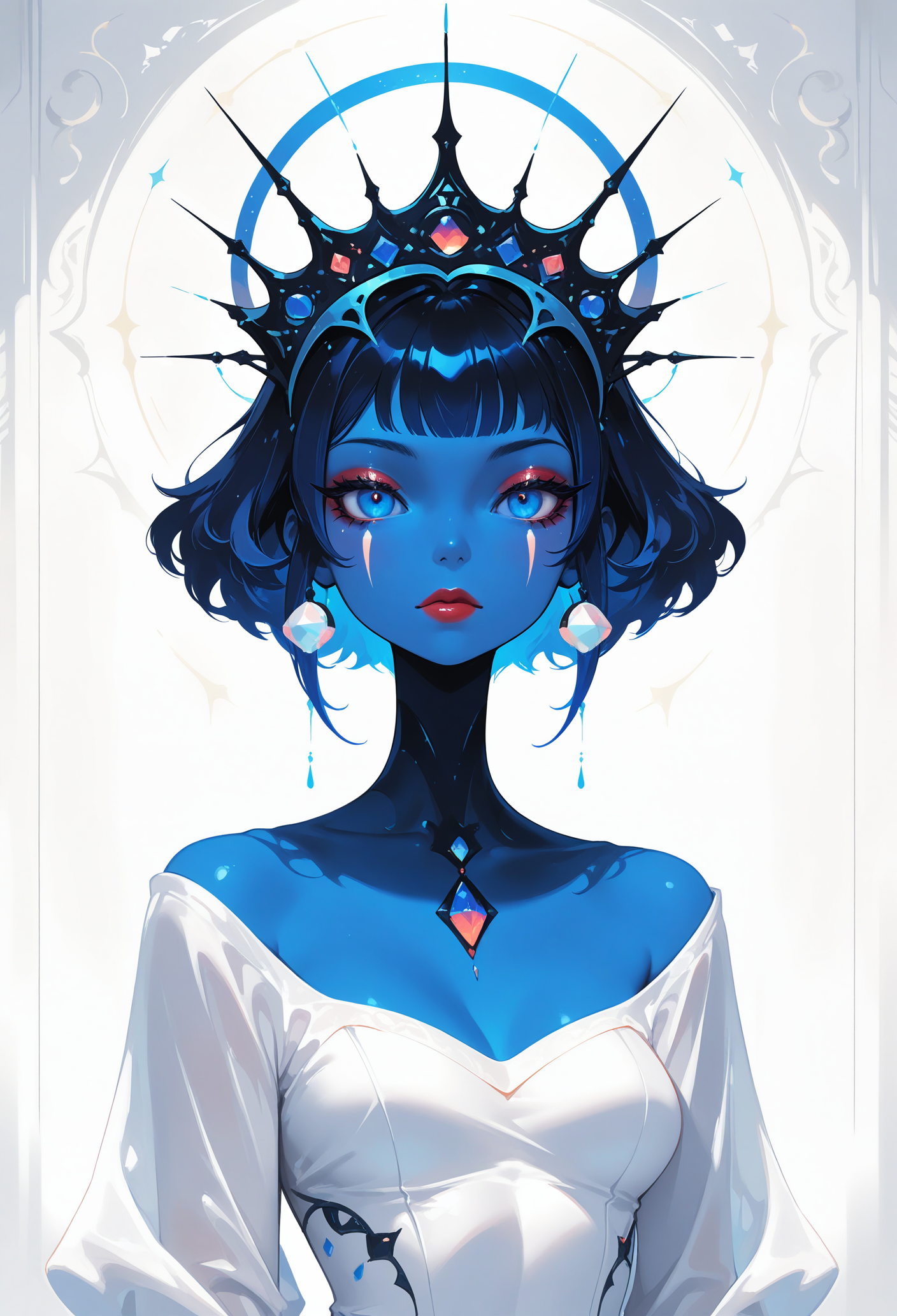 masterpiece, best quality, good quality, very awa, newest, highres, absurdres, no lineart, no outline, 1girl, solo, looking at viewer, short hair, blue eyes, black hair, dress, closed mouth, medium breasts, blue hair, upper body, small breasts, eyelashes, see-through, lips, makeup, colored skin, expressionless, facial mark, crown, gem, lipstick, eyeshadow, blue skin, red lips, mascara, (monochrome, negative space), white background, white theme, painterly, fine art, hiz_ai, in the style of cknc, wat,