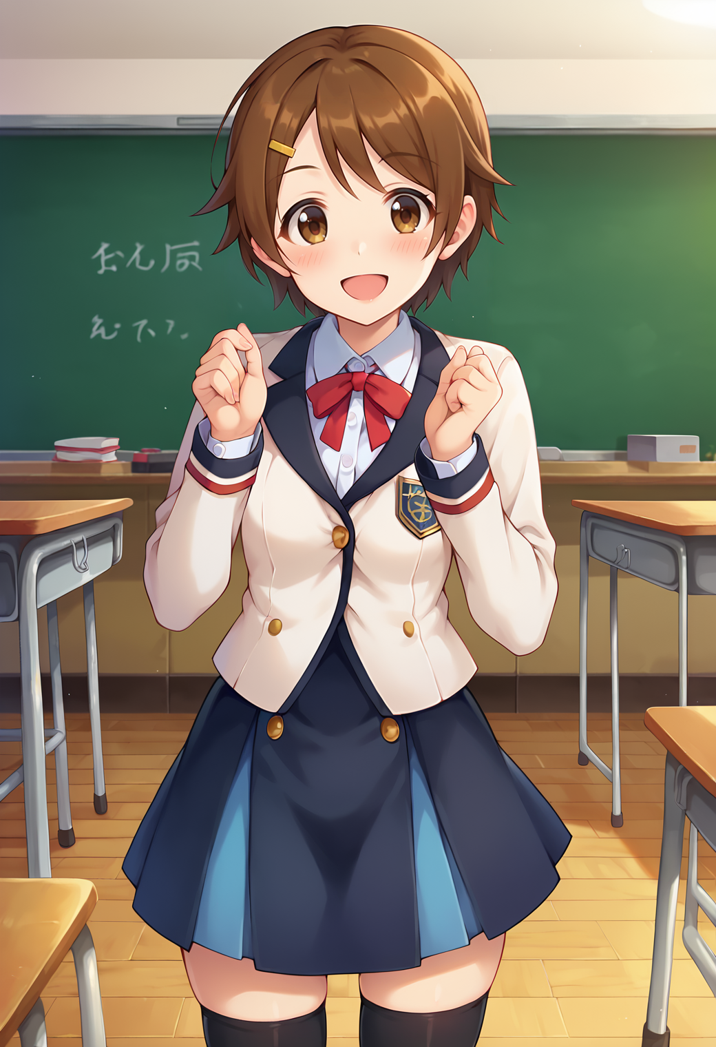 score_9, score_7_up, hd, (ultra hd quality details), source_anime, indoors, classroom,
solo, 1girl,
rlhiyo, brown hair, hairclip, school uniform, white blazer, long sleeves, ribbon, black skirt, black thighhighs,
looking at viewer, blush, smile, open mouth, headtilt,
standing, cowboy shot, 
<lora:_hiyoripcr-elesico-ponyr2e12:0.9>