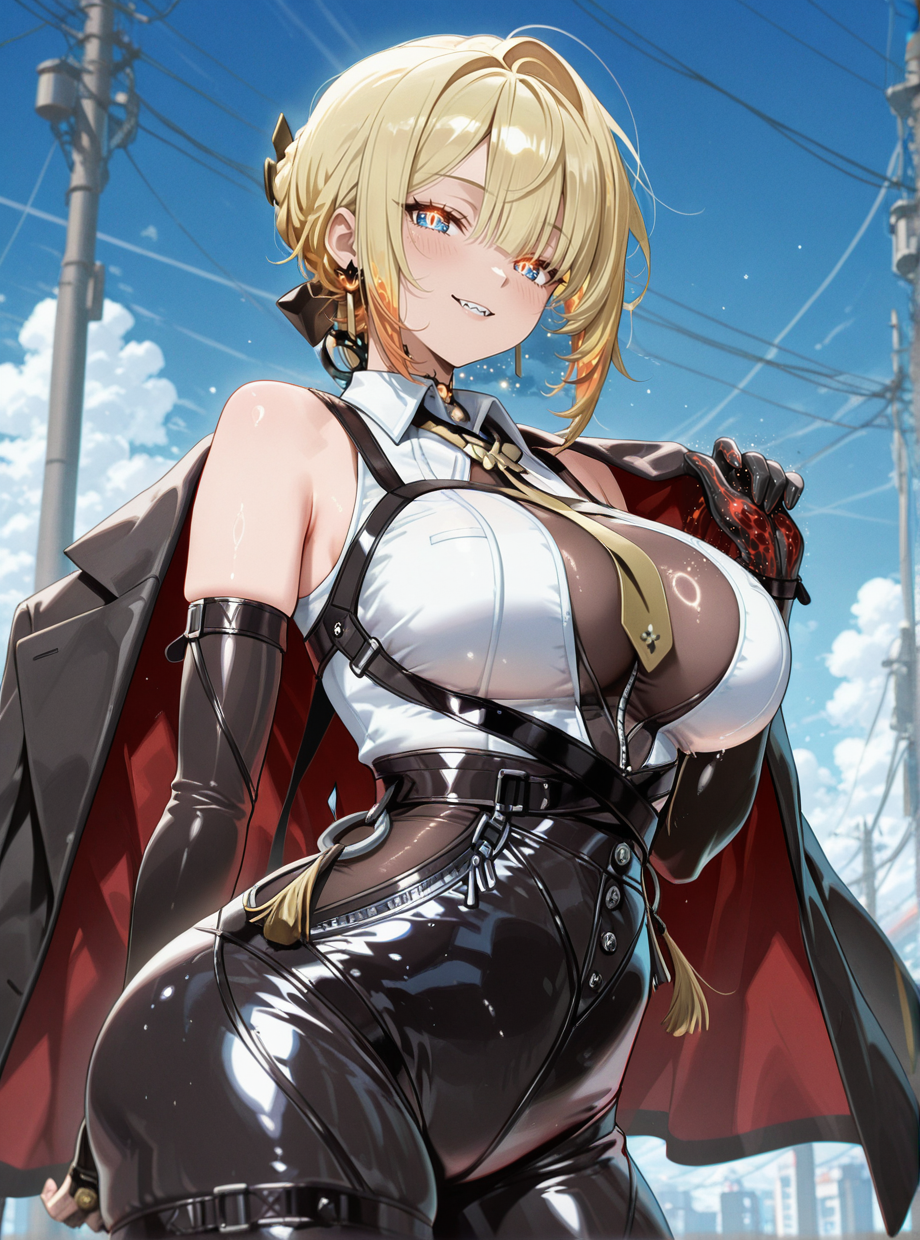 (masterpiece), (best quality), 1girl, solo, evelyn chevalier \(zenless zone zero\), (anime screencap), (evch_zzz), looking at viewer, (standing), large natural breasts, (purple eyes), blonde hair, short hair, hair up, anime style, shiny skin, (necktie between the breasts), earrings, high heels, chest harness, arm strap, asymmetrical gloves, white shirt, yellow necktie, collared shirt, sleeveless shirt, elbow gloves, black gloves, black jacket, blush, gloves, ring hair ornament, ass, high-waist_pants, tight clothes, tight pants, high-waist pants, latex pants, (holding), jacket, jacket on shoulders, mismatched gloves, mole under eye, black pants, uneven gloves, (weapon, glowing wire, energy wire, light string, neon weapon, knife at the end of the wire, glowing knife), outdoors, happy, <lora:EvelynChevalierZZZeroillusApexAi:1>,