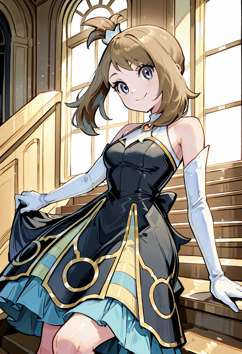masterpiece, best quality, 1girl, eyelashes, (beautiful eyes), looking at viewer, smile,   zzMayCh, hair ornament, elbow gloves, white gloves, black dress, eyelashes, sleeveless dress, multicolored dress, solo, sitting pose, grand staircase, vintage atmosphere, soft lighting â Perched elegantly on a grand staircase, zzMayChâs black and multicolored dress cascades around her, the soft lighting framing her graceful, almost ethereal presence.  (dynamic pose, foreshortening),  ,<lora:MayChampionPokemon_IXL:1.0>,