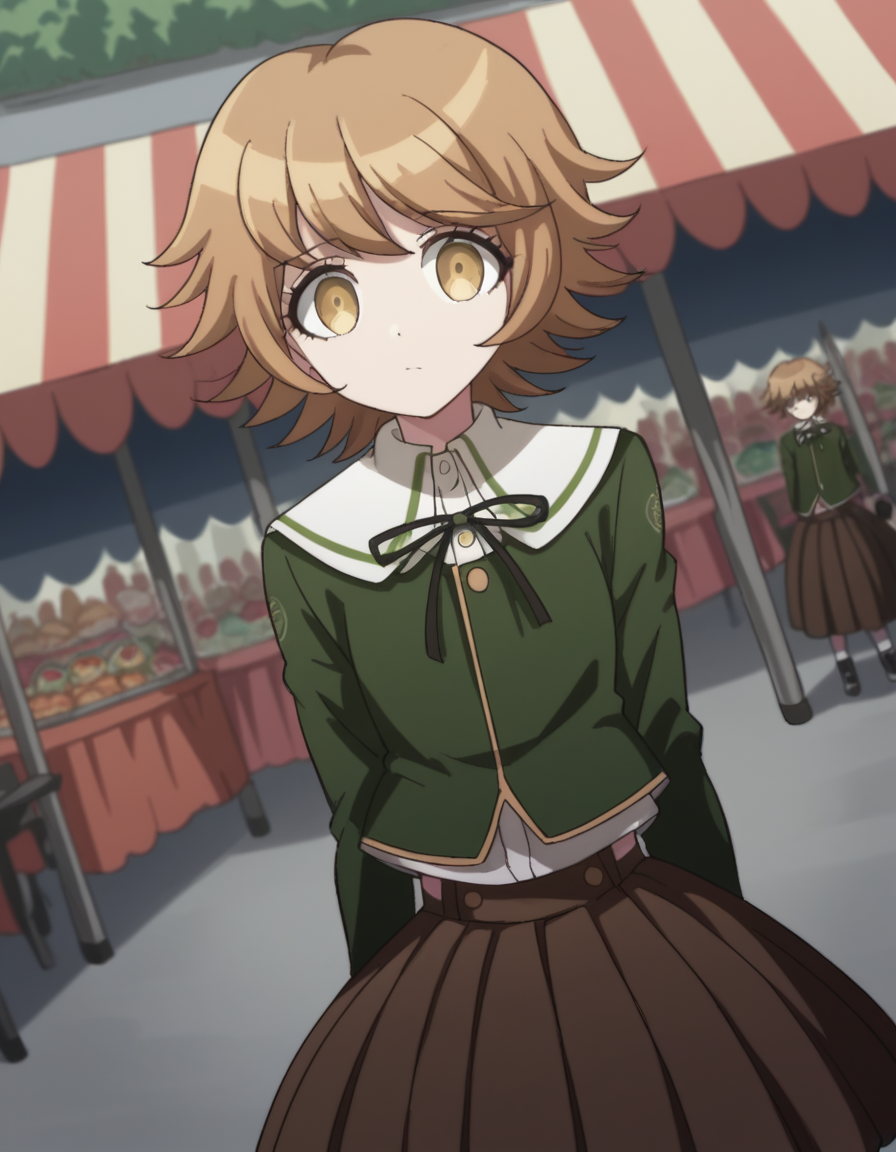score_9, score_8_up, score_7_up, source_anime, <lora:chihiro-fujisaki-s1-ponyxl-lora-nochekaiser:1>, chihiro fujisaki, short hair, bangs, brown hair, brown eyes, male focus, otoko no ko,, skirt, shirt, long sleeves, ribbon, school uniform, jacket, pleated skirt, black ribbon, neck ribbon, brown skirt, green jacket,, street market, vendor, street food, bustling crowd, local flavor, vibrant, , looking at viewer, arm straight out in front, solo,, cowboy shot, dutch angle