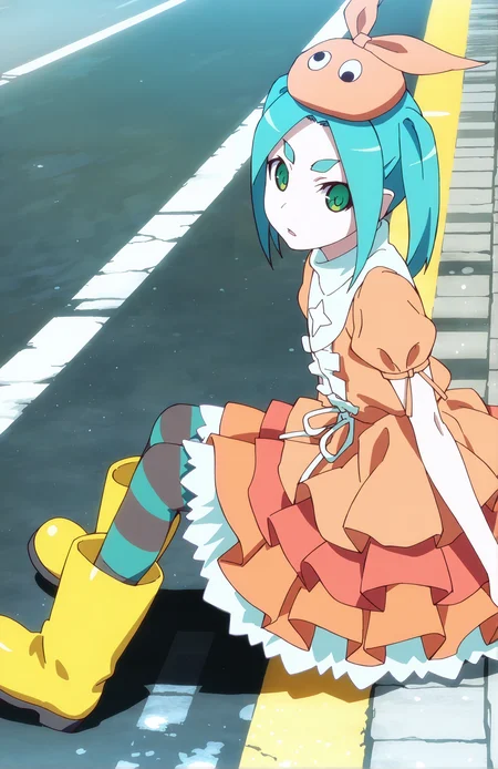 OnonokiYotsugi, aqua hair, twintails, green eyes, orange hat, orange dress, short sleeves, frilled skirt, black striped pantyhose, yellow rubber boots, street, sitting on road, side view, head tilted, looking at viewer