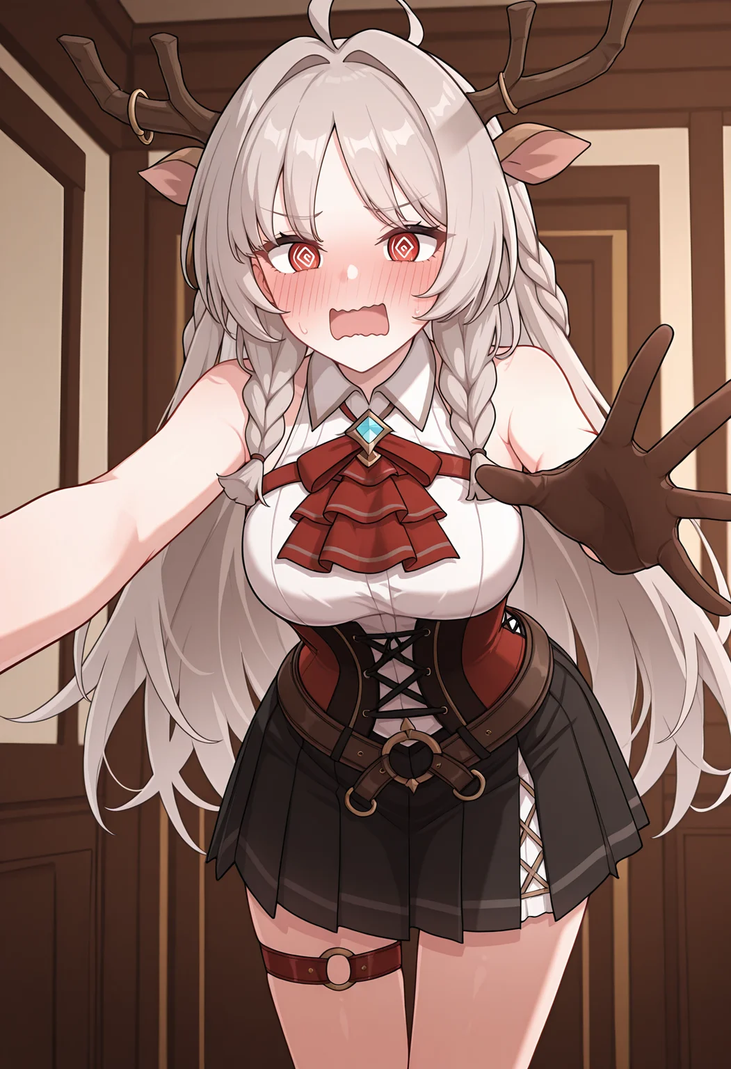 highres, best quality, masterpiece, indoors,
1girl, solo, pcrlsmr, long hair, grey hair, brown hair, twin braids, red eyes, deer ears, antlers, horn ring, ahoge,
plsmdef, sleeveless, bare shoulders, white shirt, collared shirt, red ascot, frilled ascot, black corset, red corset, brown gloves, black skirt, pleated skirt, belt, thigh strap,
blush, embarrassed, wavy mouth, open mouth, @_@, white pupils,
standing, leaning forward, outstretched arm, open hand, looking at viewer,
<lora:_louise_marie_pcr-elesico-ilxlA:1>