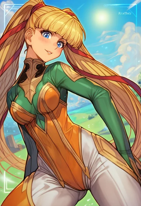 Stellar Blade Skin Suits , score_9, score_8_up, score_7_up, score_6_up, score_5_up, score_4_up, rating_questionable, , source_anime, digital illustration, pixiv, fanbox, uncensored, , BREAK, official art, 1girl, solo, monica kruszewski, blonde hair, blue eyes, hair ribbon, medium breasts, twintails, ribbon, Seductive Eyes, skinbodysuit, bodysuit, outdoors, blush, cowboy shot, looking at viewer, <lora:Monica_Kruszewski_Pony-000009:1>, <lora:skinbodysuit e3-000009:0.75>, ng_deepnegative_v1_75t, easynegative, OverallDetail