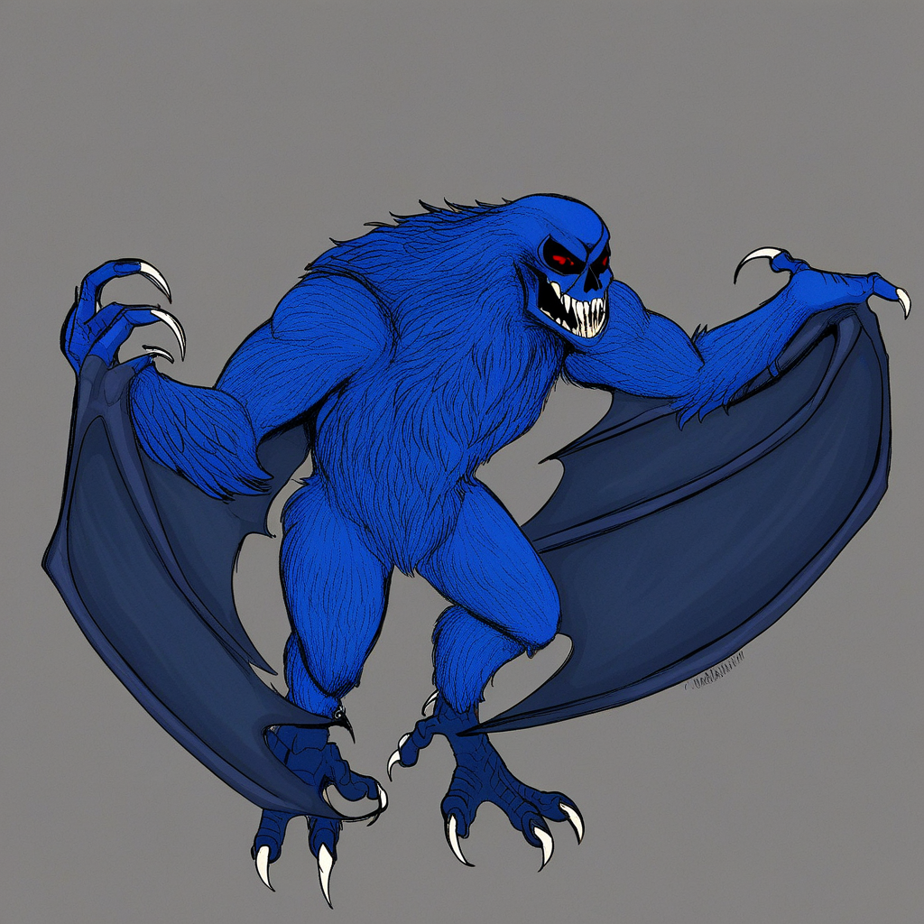 solomon, kaiju, demonic kaiju, no humans, humanoid, skull face, monster, dark blue fur, dark blue skin, glowing red eyes, sharp teeth, humanoid arms, sharp claws, bat wings coming out of his arms, bird feet with 3 white claws, 4-fingered hands with white claws,