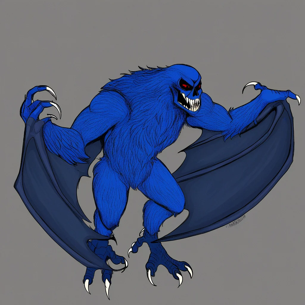 solomon, kaiju, demonic kaiju, no humans, humanoid, skull face, monster, dark blue fur, dark blue skin, glowing red eyes, sharp teeth, humanoid arms, sharp claws, bat wings coming out of his arms, bird feet with 3 white claws, 4-fingered hands with white claws,