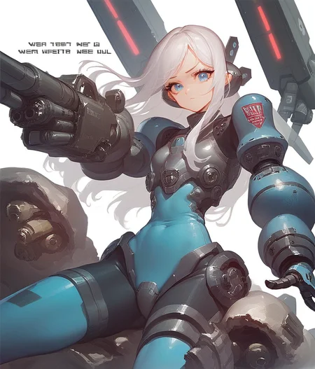 anime, mech suit, long white hair, flat chest, lewd armor, exposed mech armor, robotic leggings, large guns and missile pods, cute girl, white background, dark grey mecha, blue spandex, blue eyes, text, retroscifi, partial nudity
score_8_up <lora:Retroscifi-Pony1-000011:1>