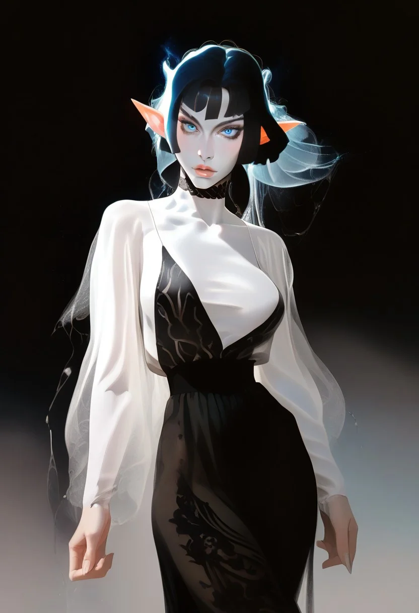 score_9, score_8_up, score_7_up,
1 girl, solo,
elf woman, beautiful, delicate,
black hair, slicked hair, large breasts,
pale skin, milky skin,
light blue eyes, looking at viewer,
petite body, dark elvish make-up,
dark blue intricate dress, thin translucent gown,
dynamic pose, sexy posing,
fantasy, elvish style,