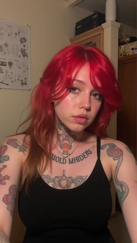Venezuelan girl, Matej Light hair, tattoo, selfie, Goth Girl, Red mist, rainbow swirl, macabre, feminine