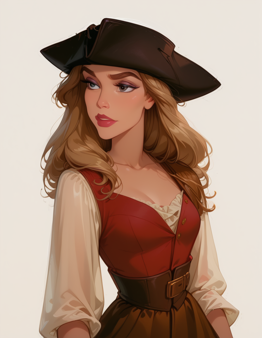 <lora:Disney_Style:.9> <lora:princess_xl_v2:.75> <lora:add-detail-xl:.9> <lora:g0th1cPXL:.3> <lora:Cherry-Gig:.45> <lora:Expressive_H:1> <lora:PLASTT_PonyV6:1> <lora:Elizabeth_Swann_ZairaSass_v1:1> score_9, score_8_up, score_7_up, zPDXL, DisneyRenstyle, score_9,score_8_up,score_7_up,score_6_up, 
(white background, plain background, ambient light), (standing, 3/4 view), 
1girl, solo, sexy 18 year old, british girl, (Elizabeth Swann, Pirate Disguise), perfect face, beautiful face, defined cheekbones, defined jawline, light brown hair, thick hair, thick dark eyebrows, dark brown eyes, dark lashes, thin lips, nude colored lips,  
confident expression, narrow eyes, one hand on hip, perfect hands, 5 fingers, slender waist, tall, slender, sexy, 
black tricorne hat, white sleeves, white tunic, red vest, red waistcoat, brown trousers, shoulder strap belt,