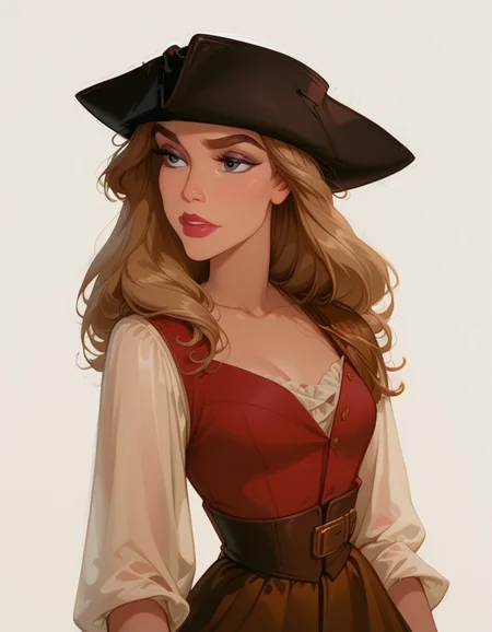 <lora:Disney_Style:.9> <lora:princess_xl_v2:.75> <lora:add-detail-xl:.9> <lora:g0th1cPXL:.3> <lora:Cherry-Gig:.45> <lora:Expressive_H:1> <lora:PLASTT_PonyV6:1> <lora:Elizabeth_Swann_ZairaSass_v1:1> score_9, score_8_up, score_7_up, zPDXL, DisneyRenstyle, score_9,score_8_up,score_7_up,score_6_up, 
(white background, plain background, ambient light), (standing, 3/4 view), 
1girl, solo, sexy 18 year old, british girl, (Elizabeth Swann, Pirate Disguise), perfect face, beautiful face, defined cheekbones, defined jawline, light brown hair, thick hair, thick dark eyebrows, dark brown eyes, dark lashes, thin lips, nude colored lips,  
confident expression, narrow eyes, one hand on hip, perfect hands, 5 fingers, slender waist, tall, slender, sexy, 
black tricorne hat, white sleeves, white tunic, red vest, red waistcoat, brown trousers, shoulder strap belt,