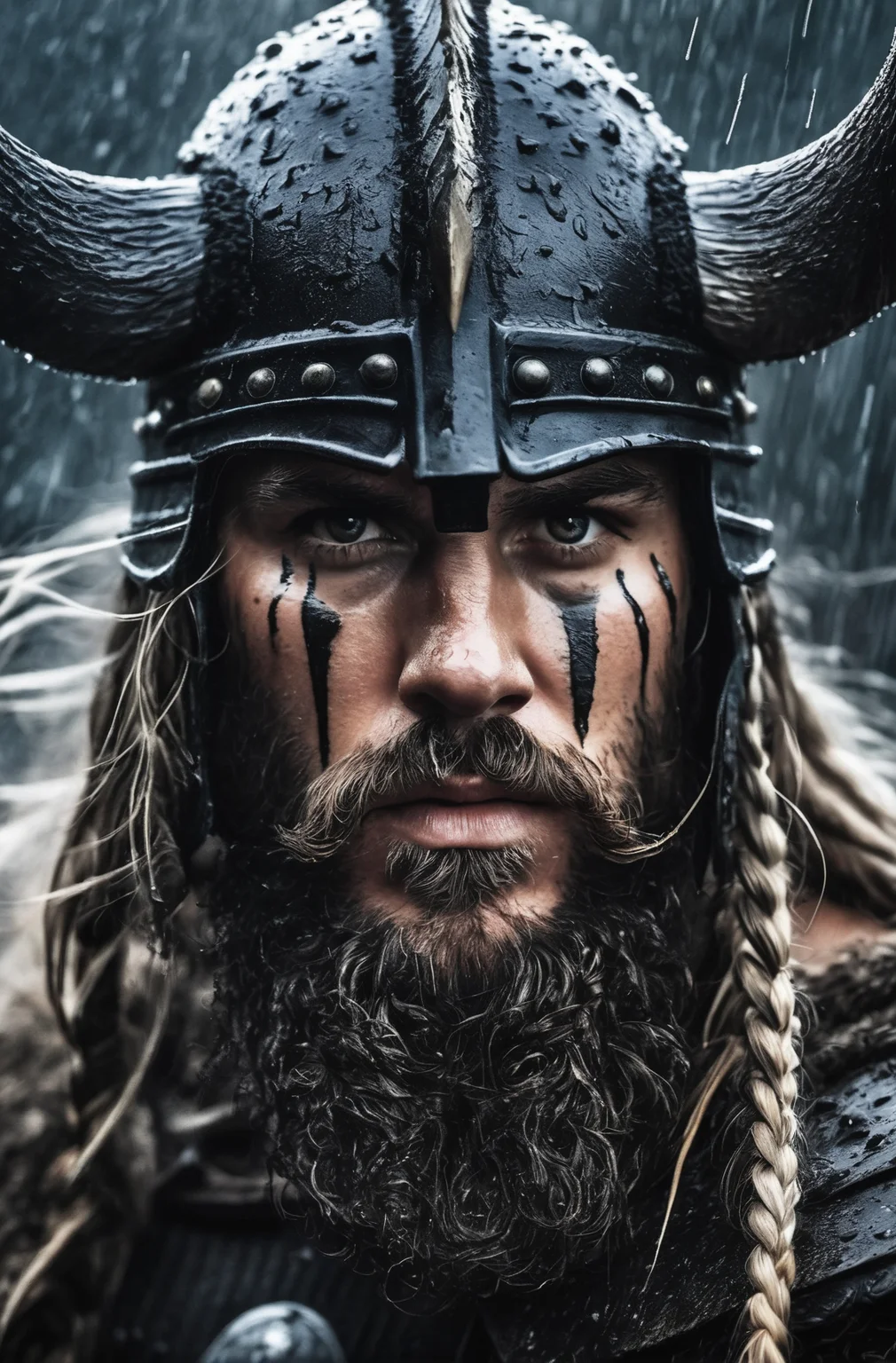 A close-up shot of a fierce Viking King, covered in dripping wet black mud, wearing a dark metal helmet with imposing black horns. His dark warpaint and scruffy black beard emphasize his angry expression, while a scar on his face tells a story of battles fought. The scene is bathed in cinematic lighting with dramatic volumetric rays, creating a moody and intense atmosphere. The Viking King grips his menacing Viking Axe