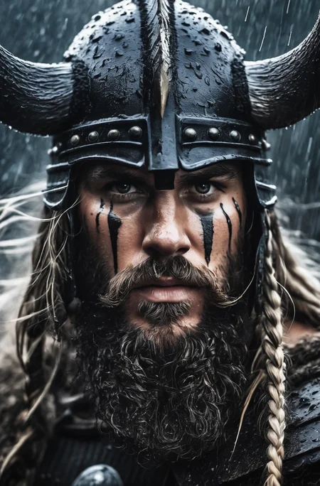 A close-up shot of a fierce Viking King, covered in dripping wet black mud, wearing a dark metal helmet with imposing black horns. His dark warpaint and scruffy black beard emphasize his angry expression, while a scar on his face tells a story of battles fought. The scene is bathed in cinematic lighting with dramatic volumetric rays, creating a moody and intense atmosphere. The Viking King grips his menacing Viking Axe