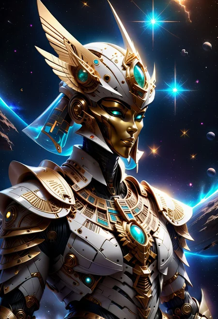 "A futuristic astronaut dressed in an intricate, gold-plated pharaoh-inspired spacesuit, blending ancient Egyptian design elements with high-tech sci-fi aesthetics. The suit features a shining golden sheen with detailed hieroglyphic engravings, intricate patterns, and sharp geometric lines. The helmet is a fusion of a traditional pharaoh's headdress and a modern space visor, reflecting a star-filled galaxy. The chest armor and shoulder plates display exquisite carvings resembling ancient Egyptian gods and cosmic symbols, glowing subtly with ambient light. The background depicts a mesmerizing deep-space scene filled with vibrant nebulae, stars, and distant galaxies, creating a sense of cosmic mystery and grandeur. The lighting highlights the metallic textures and reflective surfaces of the armor, adding depth and hyper-realism to the scene, with a slight warm golden hue emanating from the suit's edges."
