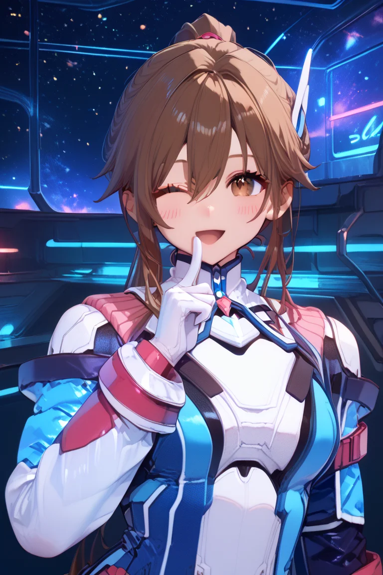 score_9, score_8_up, score_7_up, source_anime, detailed,
BREAK,
space, sci-fi environments,
BREAK,
cowboy shot, upper body, face close up,
finger up,
BREAK,
medium breasts,
blush, wink, open smile,
BREAK,
<lora:reimiRE_autismConfetti_v01:1>
reimibase, brown hair, brown eyes, high ponytail, long hair, bangs, sidelocks, hair between eyes, white gloves, asymmetrical gloves,long sleeves,
BREAK,, zPDXL
