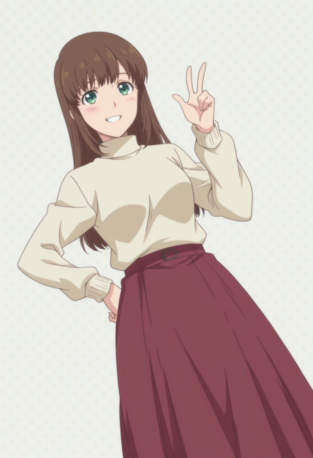 anime screencap, anime coloring, 1girl,  solo,   <lora:DX888Tachibana:1>  tachibana hina,green eyes, brown hair, long hair, hair down, BREAK turtleneck sweater, long skirt,  BREAKgrey background, polka dot background, BREAK dutch angle,  from below, dynamic pose, posing,  , grin,blush,     w,