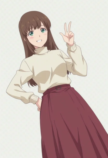 anime screencap, anime coloring, 1girl,  solo,   <lora:DX888Tachibana:1>  tachibana hina,green eyes, brown hair, long hair, hair down, BREAK turtleneck sweater, long skirt,  BREAKgrey background, polka dot background, BREAK dutch angle,  from below, dynamic pose, posing,  , grin,blush,     w,