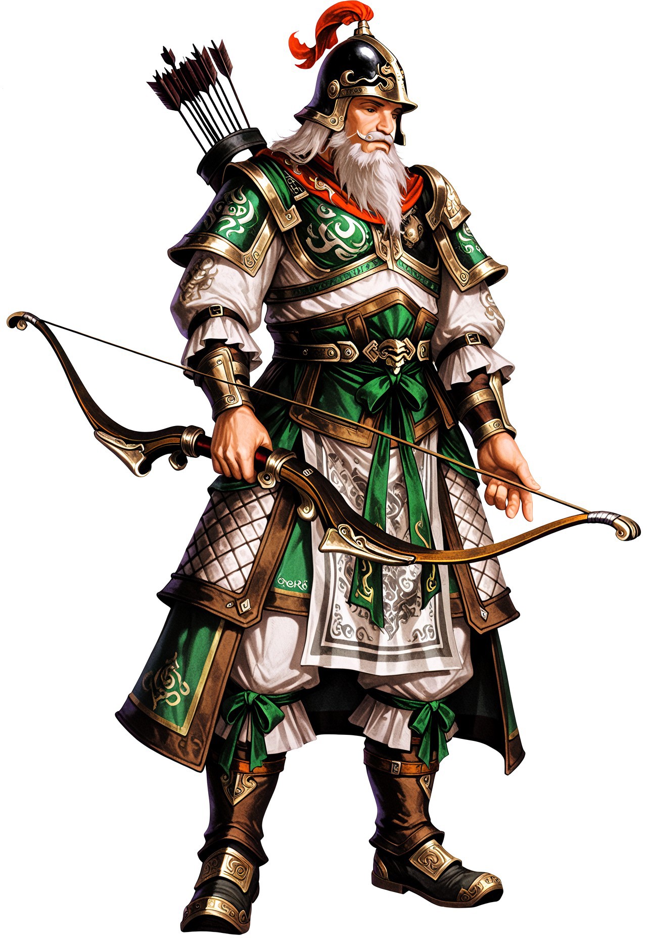 masterpiece, very aesthetic, newest, high score, best quality, absurdres,  End_Dynasty_Warriors_4, white hair, male focus, arrow (projectile), bow (weapon), helmet, armor, white background, full body, 1boy, simple background, standing, solo, long sleeves, mustache, boots, facial hair, weapon, holding weapon, beard, quiver, holding