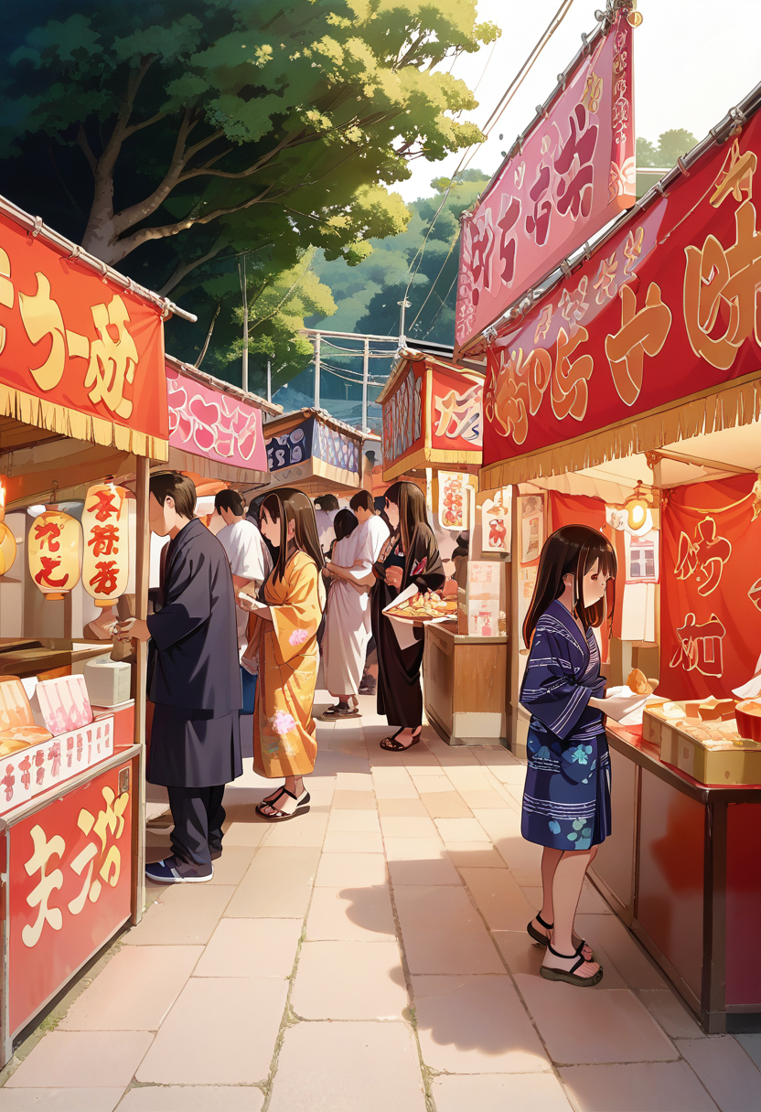 score_9, score_8_up, score_7_up, rating_safe, masterpiece, best quality, absurdres, unity 8k wallpaper, official art, official style, source_anime, uncensored, game cg, megami magazine,
omatsuri, food stand, outdoors, japanese clothes, scenery, kimono, tree, multiple girls, food, multiple boys, festival, pavement, long hair, paper lantern, sandals, walking, crowd, standing, 1girl, yukata,  photo background, night, 
<lora:omatsuri_PONY_V1:1>
