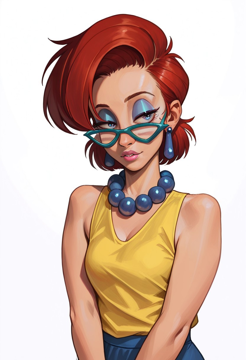 (score_9, score_8_up, score_7_up, highest_quality, incredibly_absurdres, intricate_detail, crisp_image, sharp_image, realistic, masterpiece), 1girl, solo, short_red_hair, quiff_hairstyle, glasses, retro_glasses, blue_oversized_necklace, earrings, eyeshadow, pink_lipstick, halfclosed_eyes, yellow_vest, blue_pencil_skirt, parted_lips, horny, coy, folded_arms, simple_background natural_light, realistic_sunlight, candid, perfect_composition, cowboy_shot, SWMS,