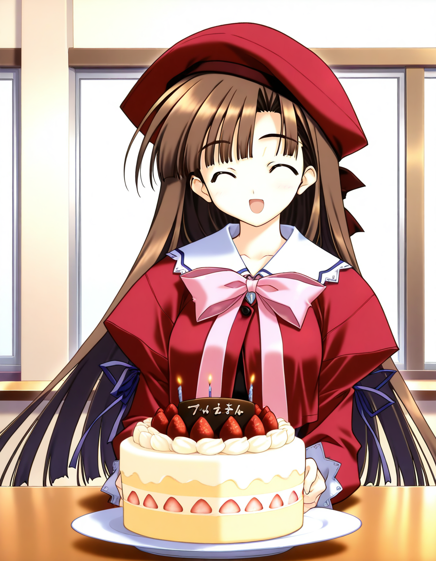general,highres, ultra-detailed,very aesthetic,best quality ,best hands,  BREAK <lora:Mikage_Subaru_IS:1> Mikage_Subaru, 1girl,solo, brown hair, brown eyes, very long hair, bangs, medium breasts,
food, solo, hat, fruit, closed eyes, beret, bow, pink bow, smile, open mouth, ribbon, long sleeves,
cake, giant cake, food, table,