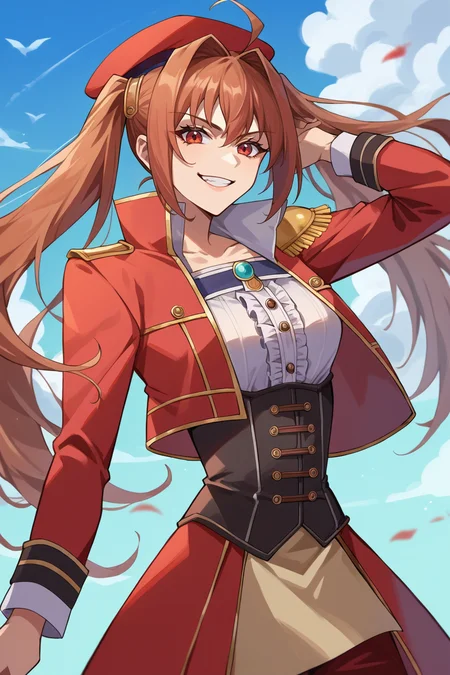 score_9, score_8_up, source_7_up, source_anime, BREAK 1girl <lora:estelle-pdxl-nvwls-v1:1> scEstelle, twintails, beret, red coat, epaulettes, frilled shirt, red pants, smirk, looking at viewer, grin, blue sky, victorian architecture