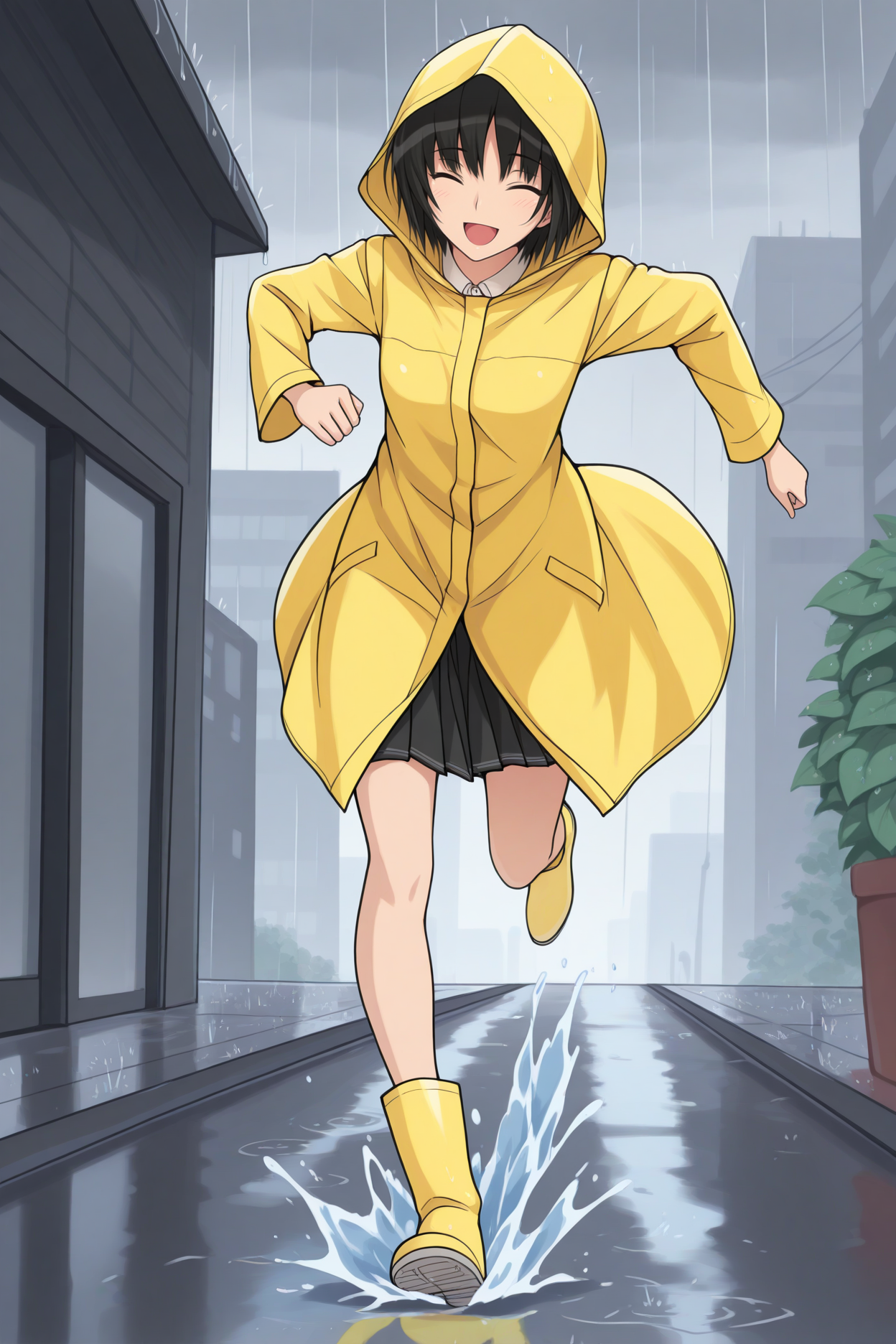 masterpiece, best quality, 1girl, solo, <lora:nanasakiai-illu-nvwls-v1-000005:1> amagamiai, black hair, short hair, black eyes, yellow raincoat, hood up, rain, grey skies, yellow boots, running, happy, closed eyes, splashing, city
