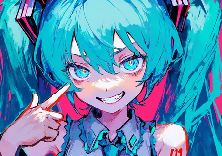 masterpiece, best quality, very aesthetic BREAK kiato, (ciloranko:.7), dino \(dinoartforame\), horror \(theme\), gritty, colorful, faux traditional media, painting \(medium\) BREAK 1girl, solo, hatsune miku, looking at viewer, (bags under eyes:.6), evil grin, teeth, finger gun to head, glowing eyes
<lora:noob05-kiato-unet only-feb18-step00002464:1>