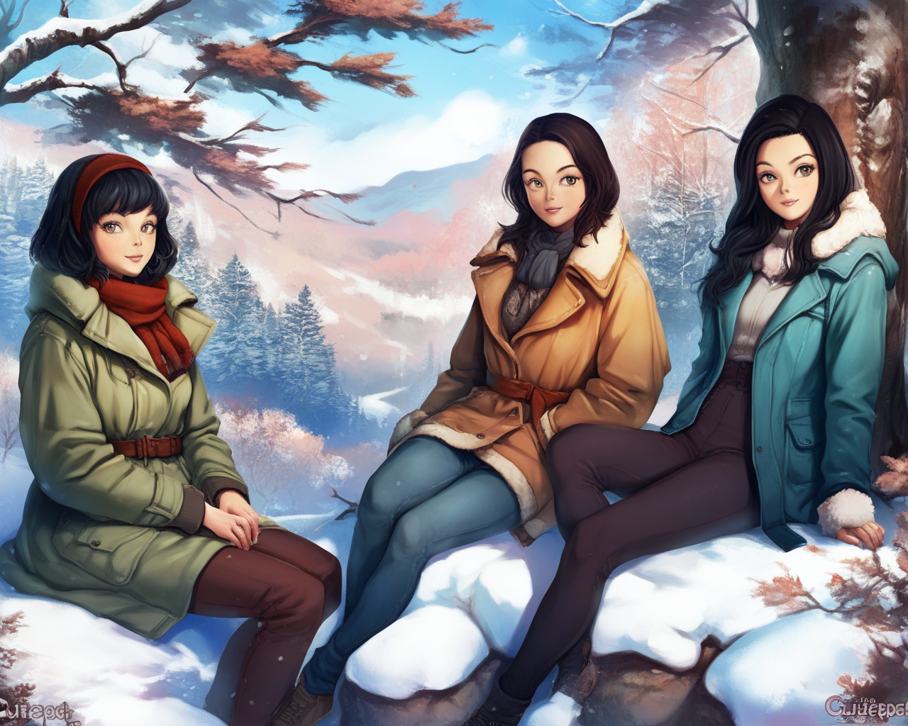 score_9, score_8_up, score_7_up, zPDXL3, BREAK, <lora:ctpt_v1t1pnyez:1> ctpt, 3girls, against tree, bare tree, black hair, branch, bush, coat, day, forest, lips, long hair, looking at viewer, multiple girls, nature, outdoors, pants, plant, realistic, short hair, sitting, snow, tree, winter