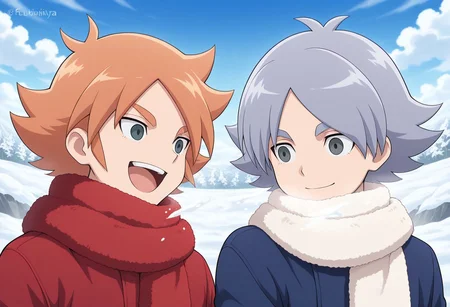 masterpiece,best quality,amazing quality, source_anime,
2boys, brothers, snowball fight, happy, laugh,
winter clothes,
FubukiAtsuya, 1boy, male focus, grey eyes, orange hair, red coat, white scarf, BREAK
fubukishirou, 1boy, male focus, grey hair, parted bangs, grey eyes, blue coat, red scarf, BREAK
outdoor, sky, day, clouds, snow,