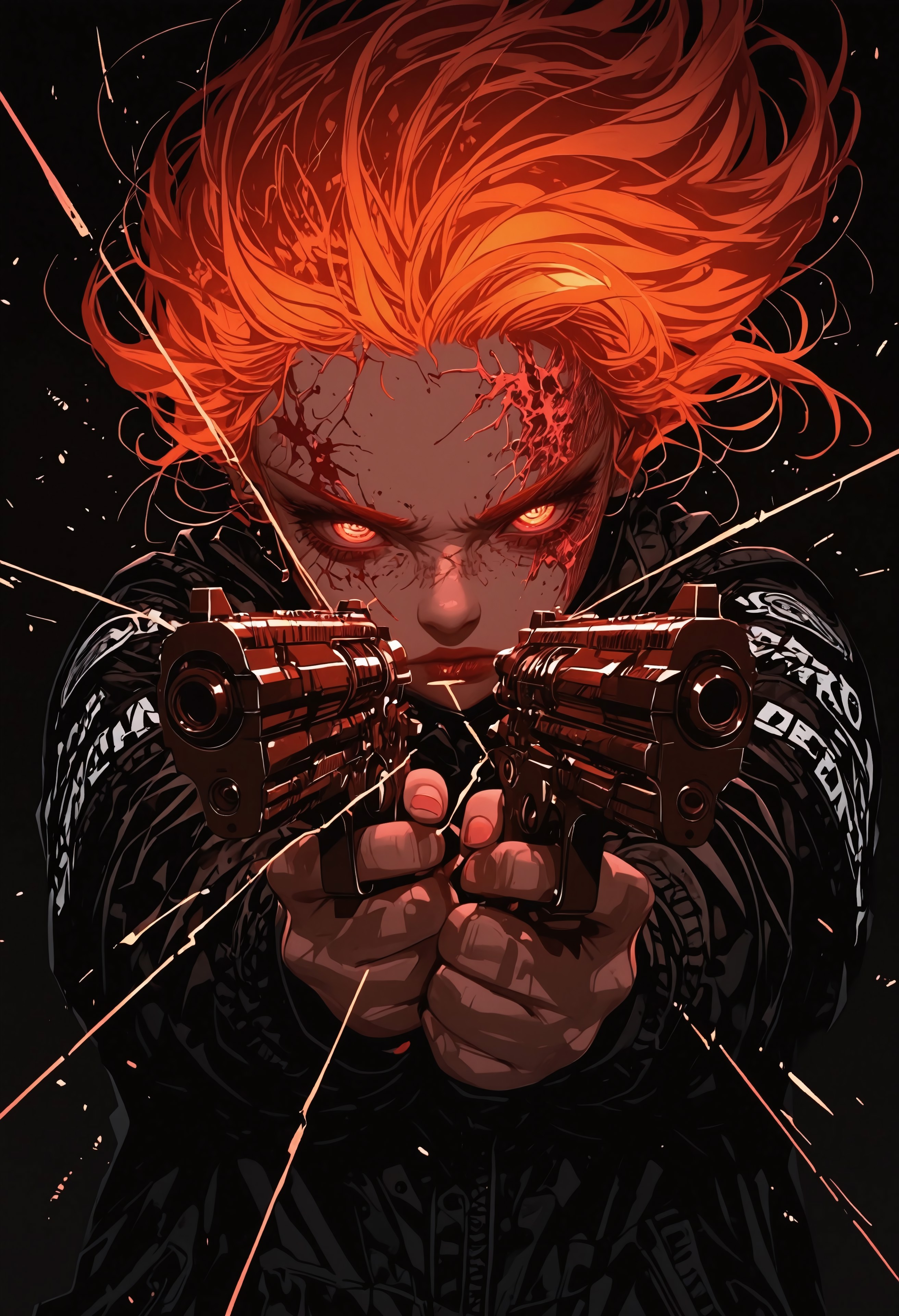 lazypos, refined detailed, high quality, highres, cinematic lighting, absurdres, 8k, detailed, highest definition, manga, comic, anime style, (masterpiece, best quality, ultra-detailed, upper body, 1girl, solo, orange hair, glowing eyes, intense stare, holding two pistols, dual wielding, action pose, dynamic pose, crossing arms, foreshortening, cinematic shot, close-up, blood splatter on face, glowing accessories, stylish, cyberpunk vibes, dynamic lighting, dramatic angle, bullet time effect, vibrant color palette, very aesthetic, character design art, action anime style, high contrast, strong shadows, artistic), BREAK, black background, glowing white laser beams, light streaks, spotlight effect, modern combat theme, neon highlights, futuristic vibe, sharp lighting, depth of field, abstract, sometyome_illu, Sinozick_illu,gradient,spot color