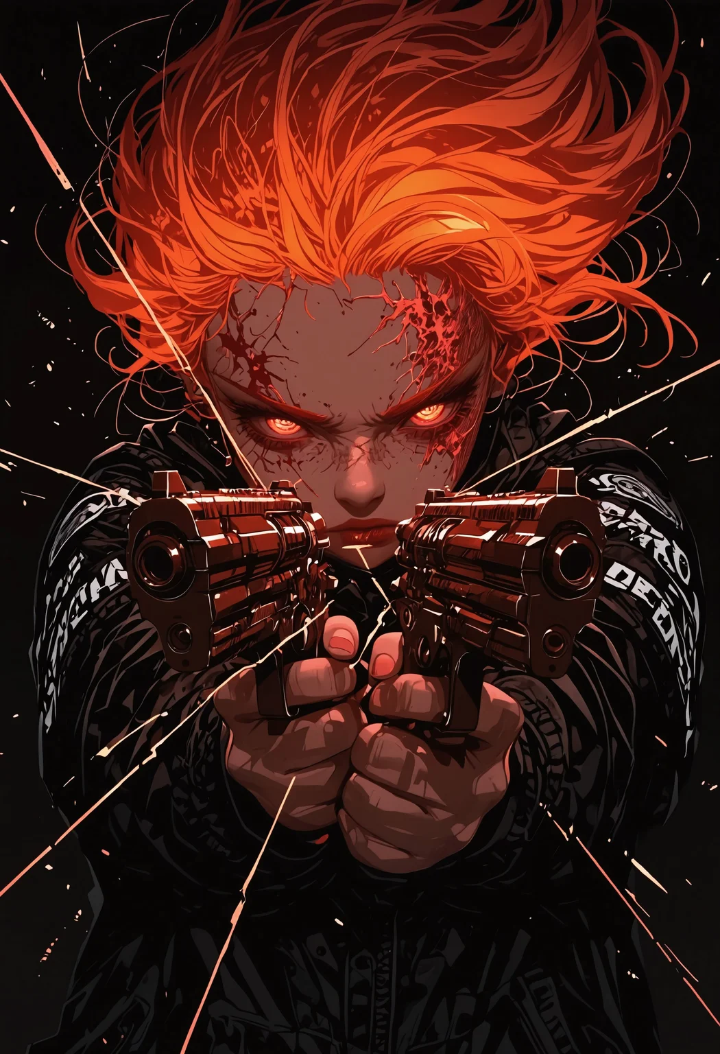 lazypos, refined detailed, high quality, highres, cinematic lighting, absurdres, 8k, detailed, highest definition, manga, comic, anime style, (masterpiece, best quality, ultra-detailed, upper body, 1girl, solo, orange hair, glowing eyes, intense stare, holding two pistols, dual wielding, action pose, dynamic pose, crossing arms, foreshortening, cinematic shot, close-up, blood splatter on face, glowing accessories, stylish, cyberpunk vibes, dynamic lighting, dramatic angle, bullet time effect, vibrant color palette, very aesthetic, character design art, action anime style, high contrast, strong shadows, artistic), BREAK, black background, glowing white laser beams, light streaks, spotlight effect, modern combat theme, neon highlights, futuristic vibe, sharp lighting, depth of field, abstract, sometyome_illu, Sinozick_illu,gradient,spot color