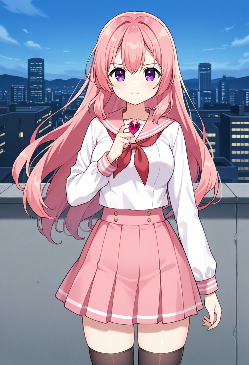 1girl, solo, fairyhartun, pink hair, long hair, hair down, purple eyes, medium breasts, white shirt, long sleeves, pink sailor collar, red neckerchief, pink skirt, black thighhighs, serafuku, holding gem, serious, confident smile, cowboy shot, outdoors, cityscape, looking at viewer