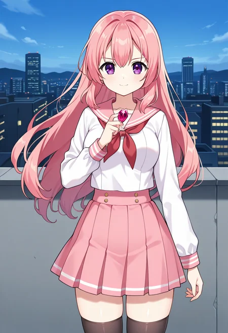 1girl, solo, fairyhartun, pink hair, long hair, hair down, purple eyes, medium breasts, white shirt, long sleeves, pink sailor collar, red neckerchief, pink skirt, black thighhighs, serafuku, holding gem, serious, confident smile, cowboy shot, outdoors, cityscape, looking at viewer
