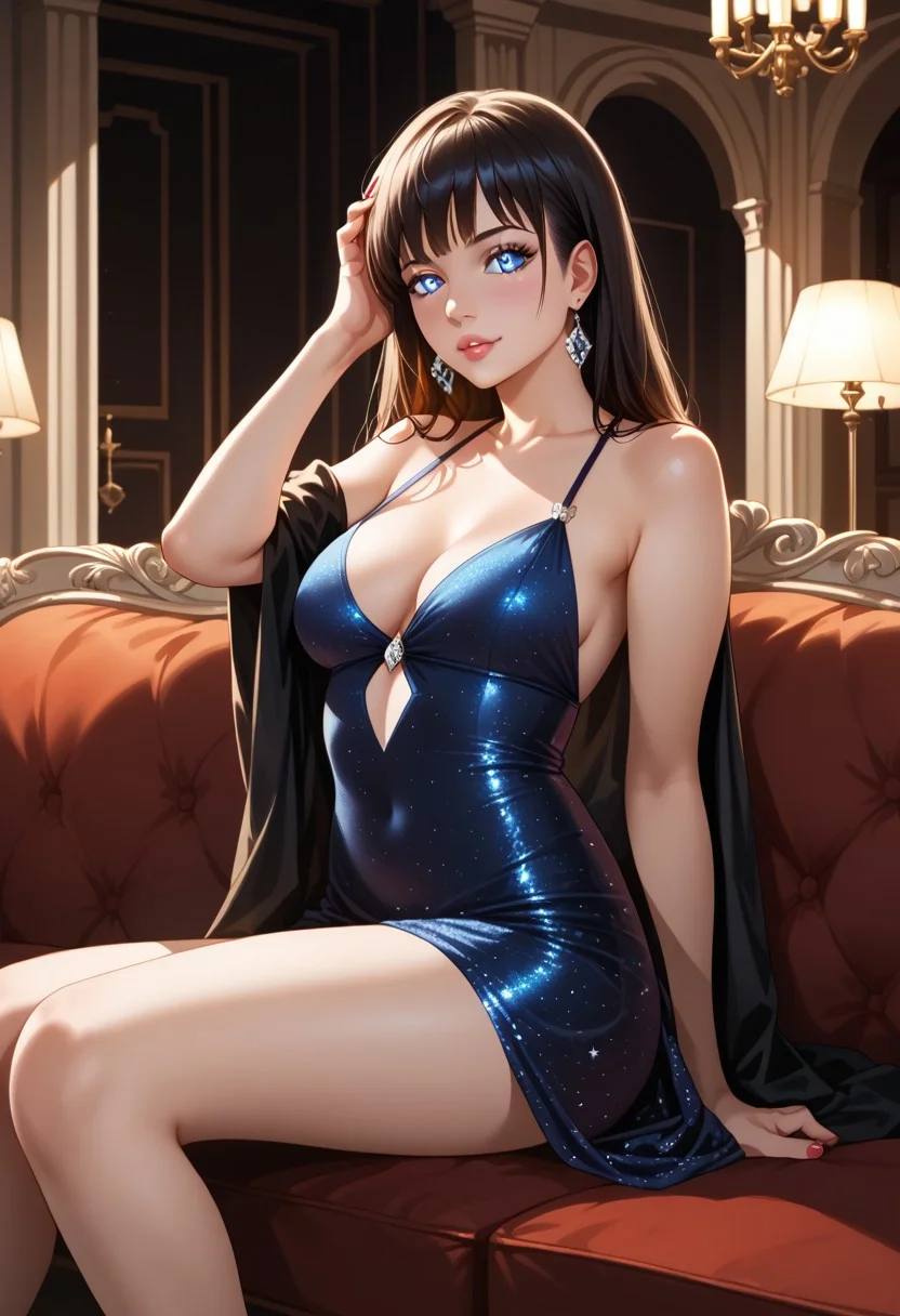 score_9, score_8_up, score_7_up, highly detailed,a young woman, pose sitting, sidelay, black evening dress, hand on head, on a couch in a mansion living room at night, pillow, realistic, photo-realistic, ultra-detailed, detailed pupils, detailed eyes, detailed lips, beautiful dynamic dramatic dark moody lighting, shadows, cinematic atmosphere, concept design art, octane render
