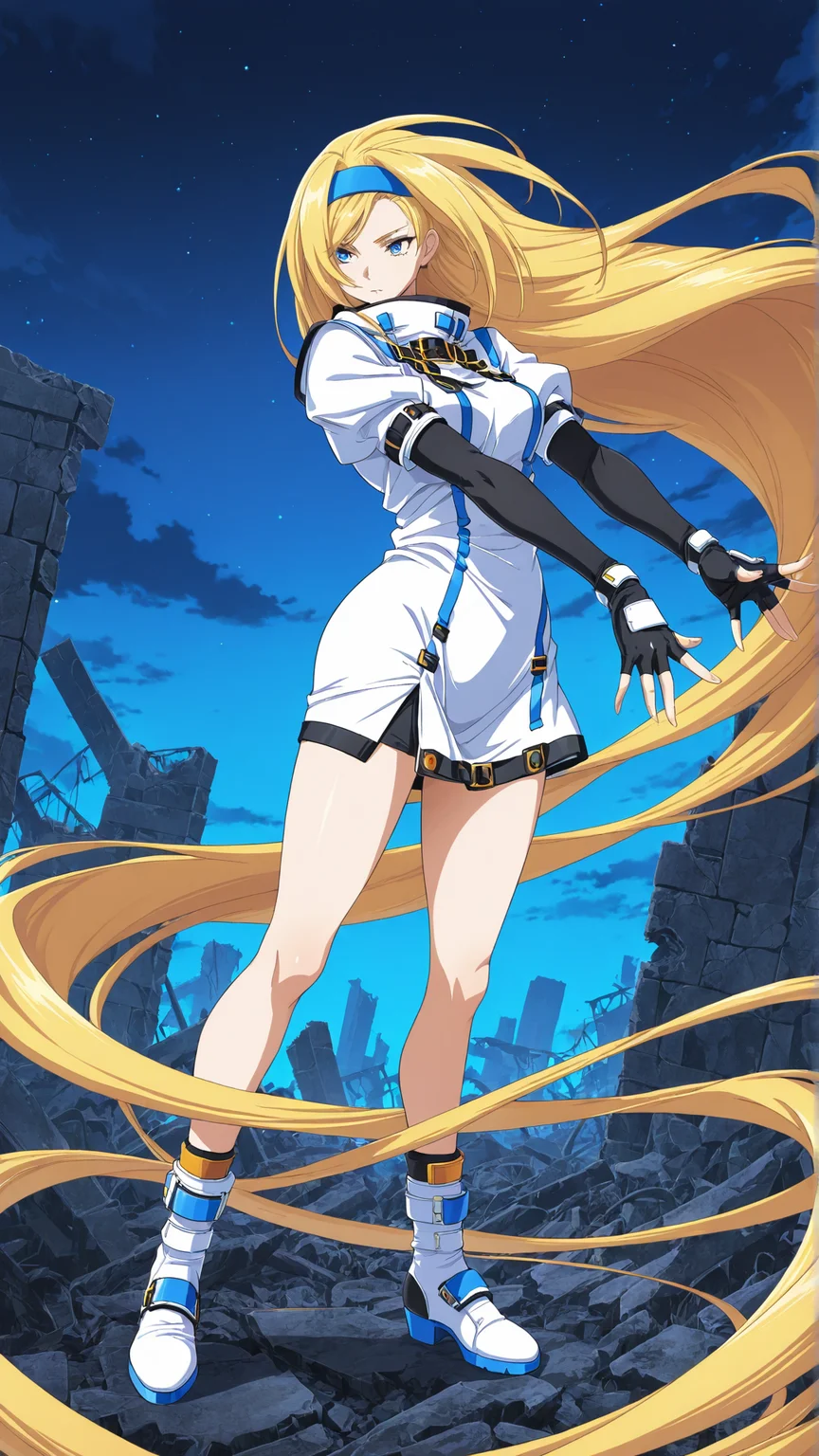 masterpiece, best quality, anime coloring, ruins, night sky,  upper body, face
1girl,solo, floating hair, dynamic pose
 <lora:Millia-Rage_lL_v01:0.8> millia-rage, blonde hair, blue headband, gloves, very long hair, headband, blue eyes, fingerless gloves, elbow gloves, prehensile hair, absurdly long hair, boots, hairband