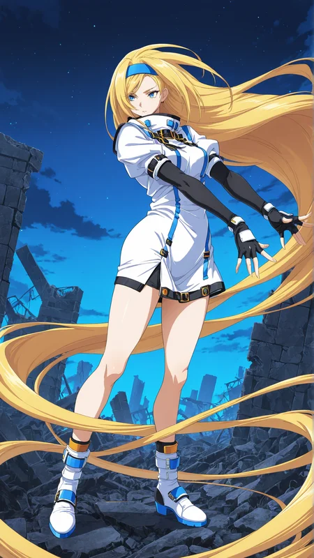 masterpiece, best quality, anime coloring, ruins, night sky, upper body, face
1girl,solo, floating hair, dynamic pose
<lora:Millia-Rage_lL_v01:0.8> millia-rage, blonde hair, blue headband, gloves, very long hair, headband, blue eyes, fingerless gloves, elbow gloves, prehensile hair, absurdly long hair, boots, hairband