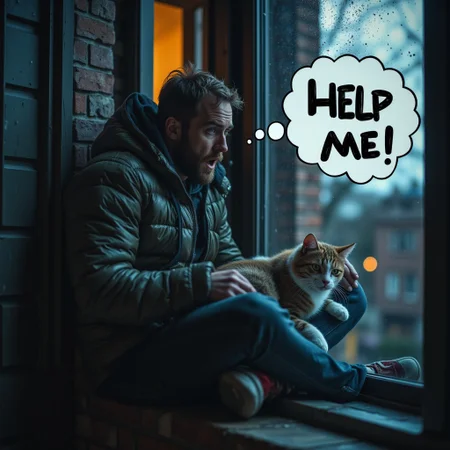 A man sitting on the side of a apartment building looking terrified and ((yelling "help me!" in a thought bubble)), the scared man is looking at his lap where an adorable Cat is laying down, cute cat on mans lap, the man is wearing jeans and a jacket, high resolution, highly detailed, photorealistic, cinematic/ detailed digital hyper realistic intricate details, HDR, beautifully shot, hyper realistic, sharp focus, 64 megapixels, perfect composition, high contrast, cinematic, atmospheric, moody