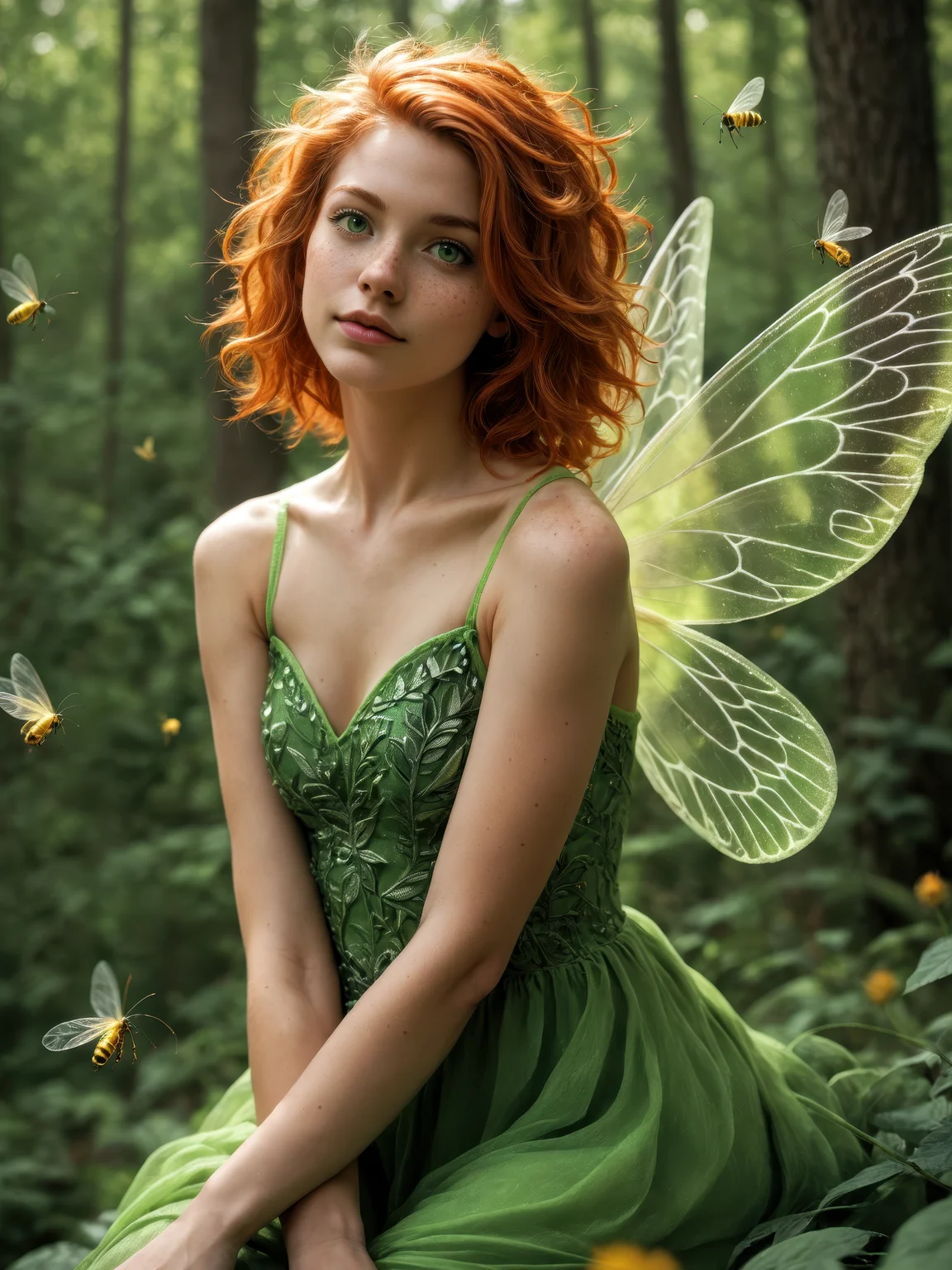 score_9, score_8_up, score_7_up, realistic lighting, photo, photorealistic
very aesthetic, best quality, absurdres, (rating_safe), detailed face and eyes, fairy with wings, ginger hair, messy hair, dress, fireflies, forest, green eyes, (freckles:0.8)