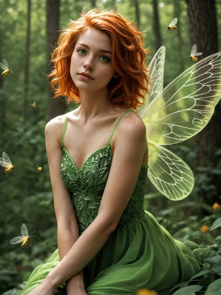 score_9, score_8_up, score_7_up, realistic lighting, photo, photorealistic
very aesthetic, best quality, absurdres, (rating_safe), detailed face and eyes, fairy with wings, ginger hair, messy hair, dress, fireflies, forest, green eyes, (freckles:0.8)