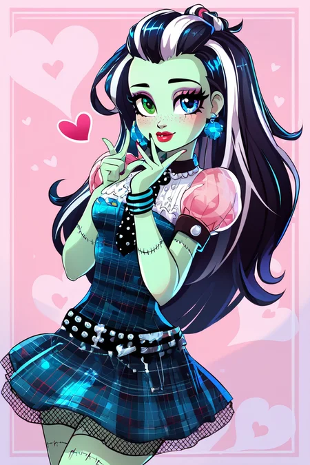 score_9, score_8_up, score_8, medium breasts, (curvy), cute, eyelashes, BREAK, , zzFrankie, heterochromia, blue eyes, green eyes, multicolored hair, teal skin, streaked hair, black hair, white hair, long hair, stitches, jewelry, earrings, makeup, lipstick, plaid dress, skirt, bracelet, <lora:Frankie_MH_PDXL:0.8>, , BREAK, smile, closed mouth, looking at viewer, cowboy shot, ,,, embedding:zPDXL, Expressiveh, ,,, <lora:Konpeto_PDXL_v3:1.0>, <lora:SDXLFaeTastic2400:0.5>, <lora:Expressive_H-000001:0.4>,