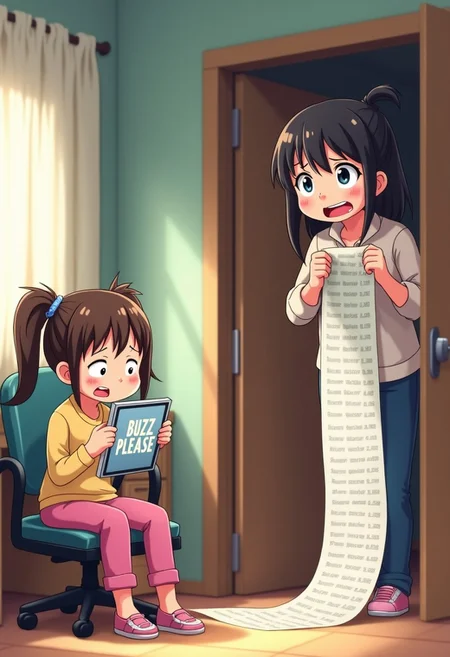 A anime style image of an ashamed young girl in her bedroom, sitting on a chair at a desk, holding up a tablet that reads "BUZZ PLEASE". Her mother is upset standing at her bedroom door. She is yelling at her and holding a receipt that reads "FLUX' hundreds of times all the way down. The receipt is comically long, it reaches all the way down to the floor.