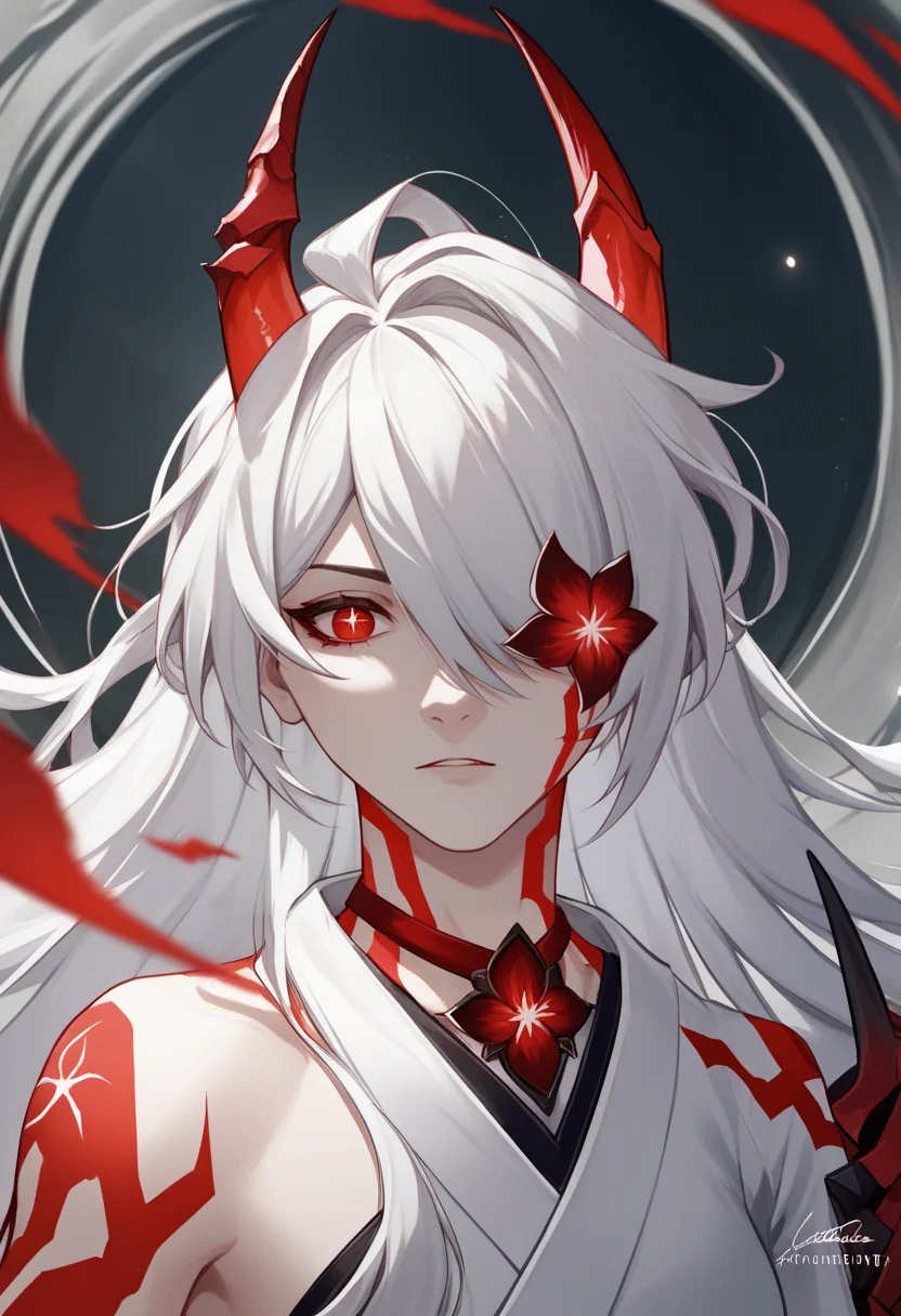 score_9, score_8_up, score_7_up, source_anime BREAK 1girl, solo, <lora:acheron-hsr-richy-v1_pdxl:1> acheronalt, white hair, long hair, hair over one eye, red eyes, body markings, white kimono, red horns, broken horn, asymmetrical horns