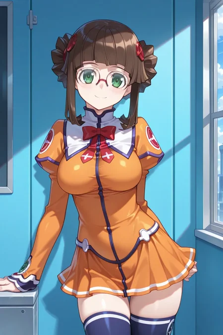 masterpiece, best quality, 1girl, solo, stellvia_fujisawa_yayoi_ilxl, orange shirt, orange skirt, zettai ryoiki, navy blue tights <lora:stellvia_fujisawa_yayoi_ilxl:0.9> breasts, looking at viewer, smile