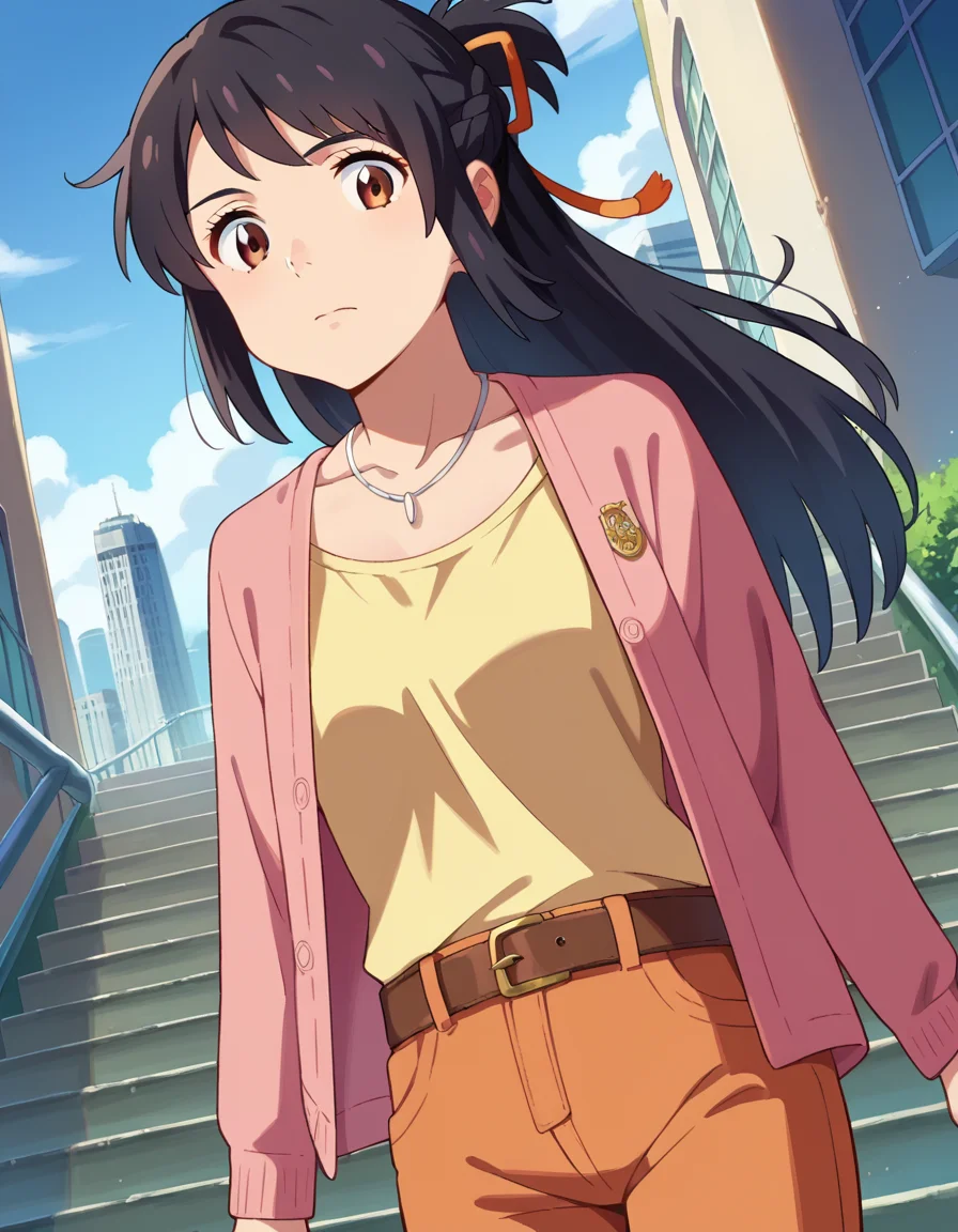 score_9, score_8_up, score_7_up, source_anime,
mitsuhamiyamizu, <lora:mitsuha-miyamizu-ponyxl-lora-nochekaiser:1>,
mitsuha miyamizu, black hair, brown eyes,
aged up, french braid, long hair, straight hair, hair ribbon, cardigan, pink cardigan, shirt, yellow shirt, belt, pants, orange pants, necklace, collarbone,
outdoors, cityscape, stairs,
looking at viewer, dutch angle, cowboy shot,