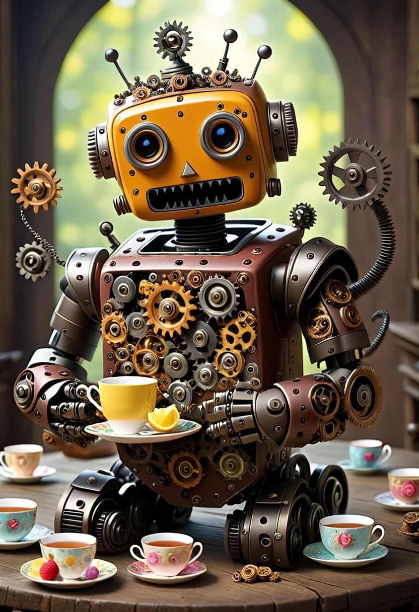 masterpiece, best quality, absurdres, cute gear robot tea party, made out of gears, funny theme