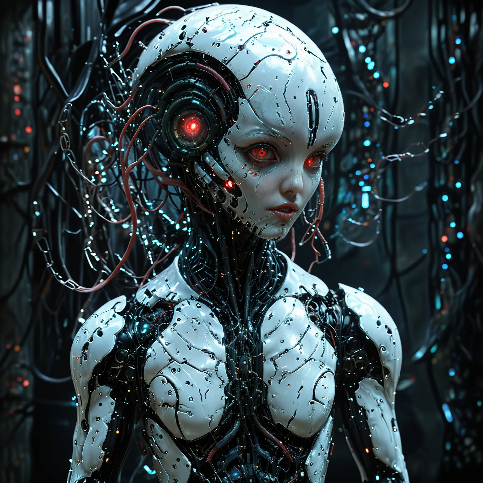 (biopunk sexy woman merging with jellyfish creature:1.2) with cybernetic features, cinematic, cyberpunk elements, amazing detailed, grim sci-fi, biomorph, organic and mechanical, natural light, beautiful cleavage, glowing red eyes <lora:Dark_Futuristic_Circuit_Boards:0.6> circuitboard, dark futuristic <lora:hyperkraximalism_v1-1:0.2> <lora:Faceless_Cyborgs:0.9> <lora:SDXLFaeTastic2400:0.6>