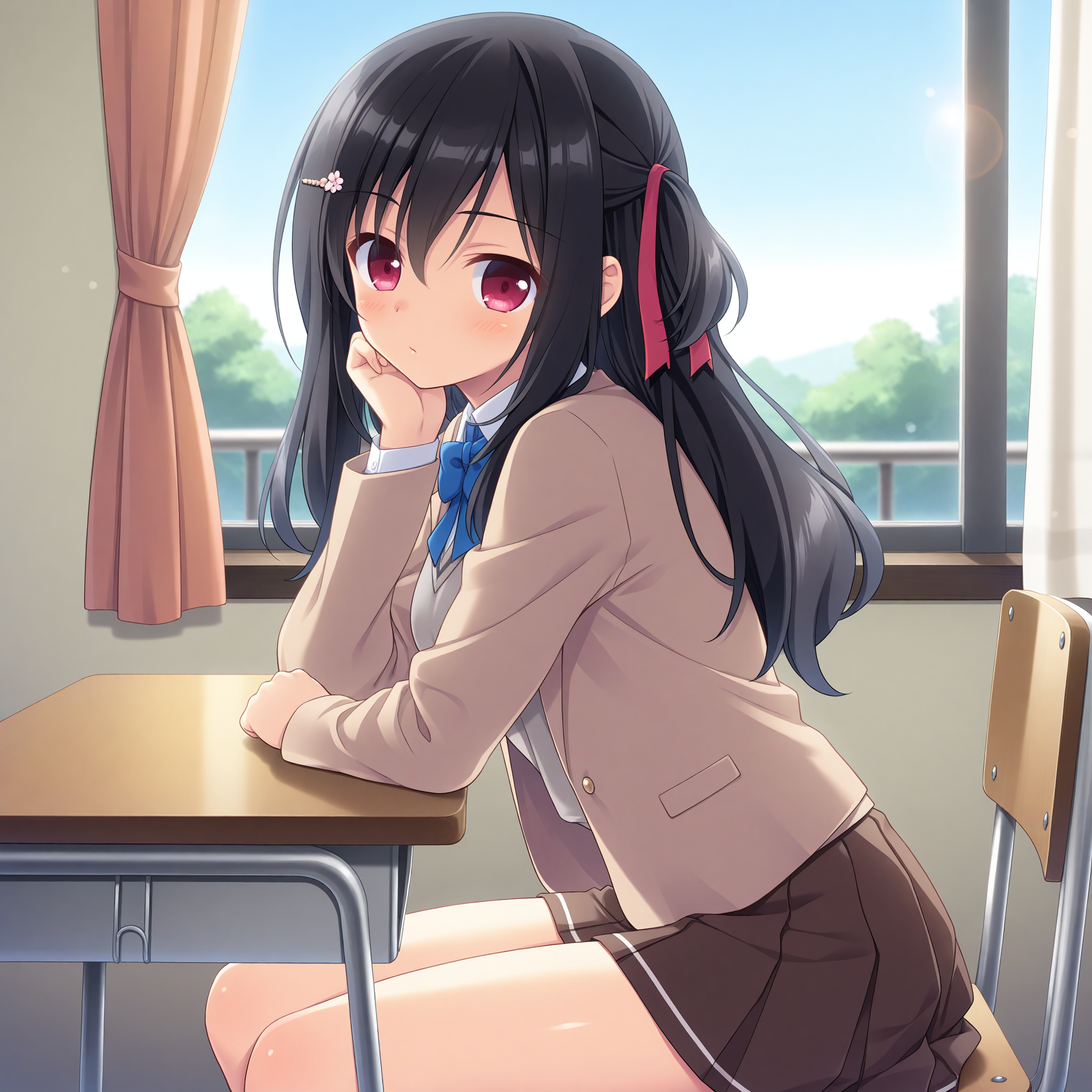 <lora:Nobuta_Yua_1_nai-000048:1>,Nobuta Yua,
hair ribbon,red ribbon,one side up,hairclip,
school uniform,pleated skirt,white shirt,open jacket,long sleeves,brown skirt,brown jacket,miniskirt,sweater vest,collared shirt,blue bowtie,
BREAK
1girl,solo,looking at viewer,sitting,from side,arm support,on chair,desk,indoors,window,curtains,day,arm on table,depth of field,lens_flare,