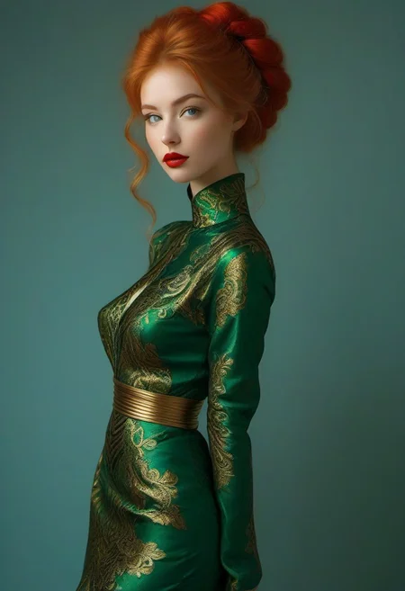 bellissima, 30 years old female as goddess of fire (slender, athletic), skin tight Green-red intricate brocade gown with a deep cleavage, golden bangles, a lot of loose golden anklets, (extreme intricate high heels), looking at viewer, open mouth, blue eyes, ginger long bun hair, teeth, lips, long black eyelashes, realistic, small nose, vibrant colors, erotic dynamic pose, full body view, RAW Photo, fashion magazine shot,