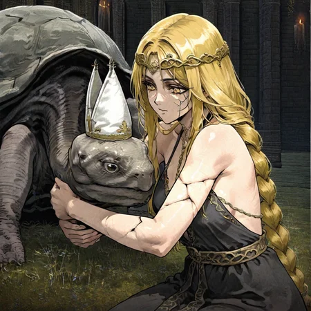 masterpiece, best quality, newest, absurdres, highres, vintage anime, 90s anime, MTDPV1.0, turtle, tortoise, hat, mitre, white headwear, oversized animal 1girl, 1girl, queen marika the eternal (elden ring), bare shoulders, black dress, circlet, gold circlet, cracked skin, halter dress, halterneck, long hair, yellow eyes, braid, braided hair, long braid, blonde, blonde hair,, hugg, hugging animal, hugging turtle,
